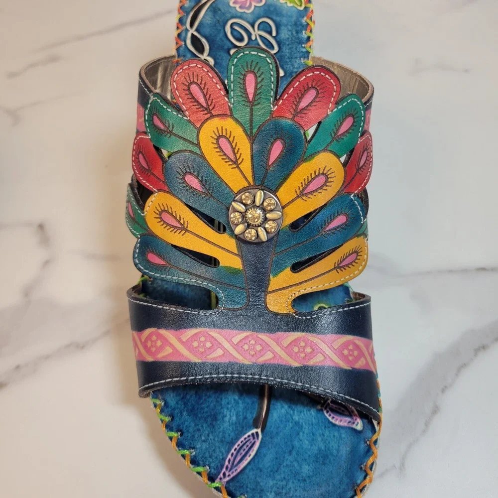 Elite by Corkys Bonsai Blue Leather Peacock Hand Painted Wedge Sandals Womens 6